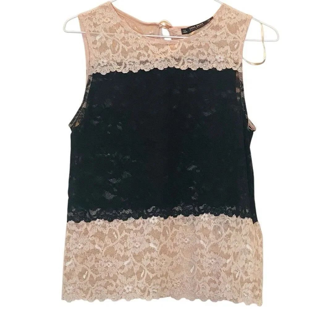 NWT Zara Basic Collection Colorblock Lace Sleeveless Blouse Pink Black XS